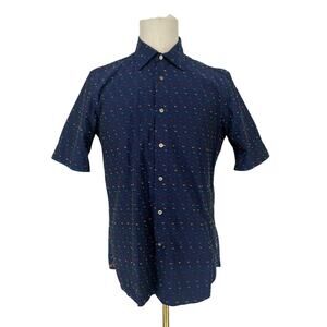 Robert Graham Button Front Short Sleeve Shirt Blue Rainbow Embroidered M